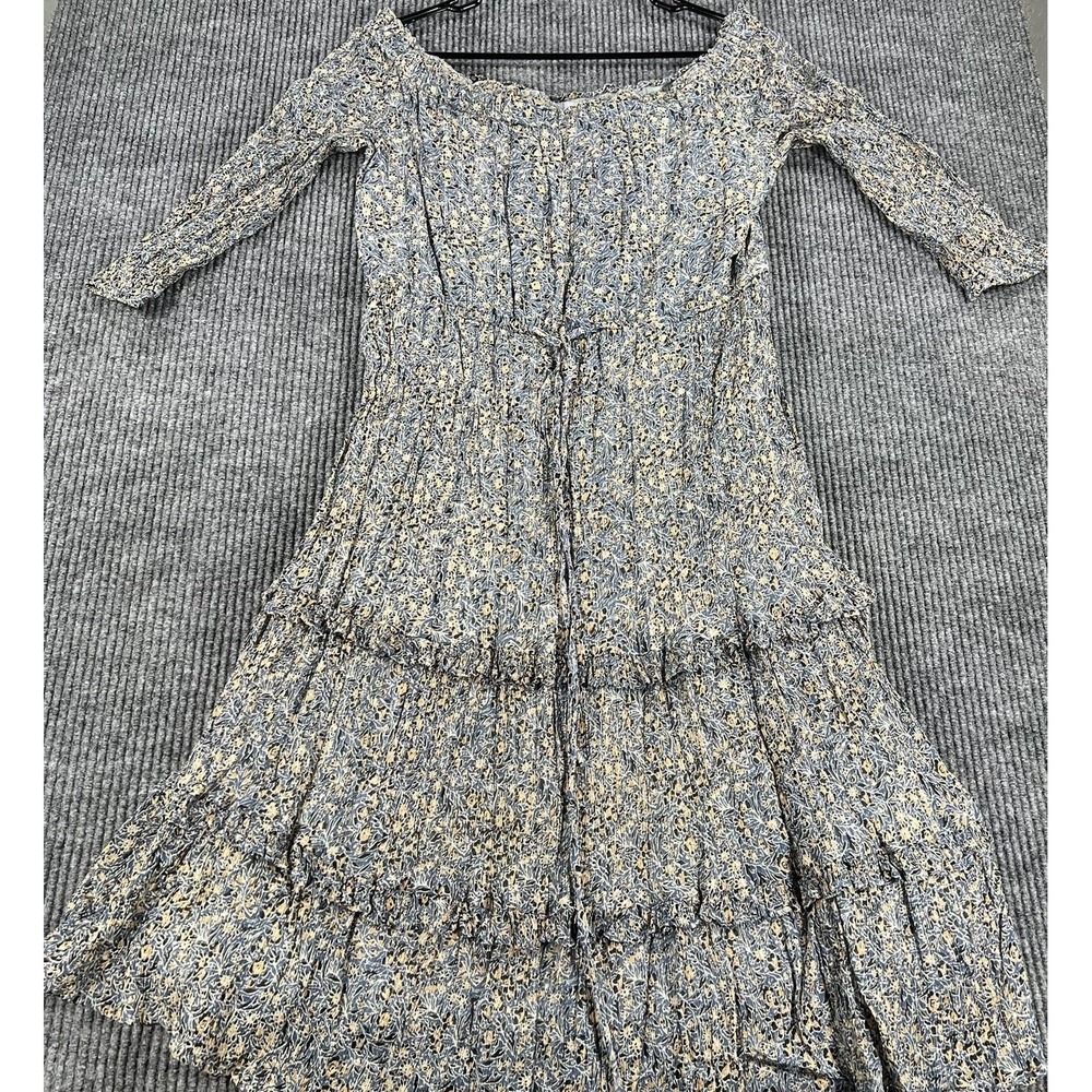 Anthropologie Dress Womens 12 Blue Floral Off Shoulder 3/4 Sleeve Tiered Ruffle